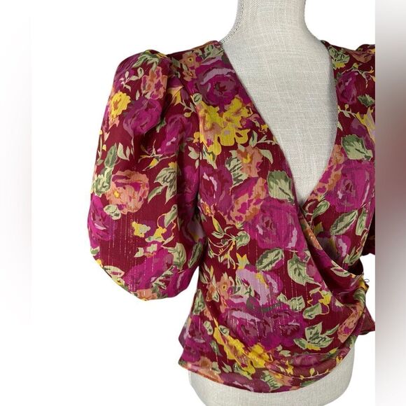Revolve LPA Ada Puff Sleeve Pink Floral Wrap Crop Blouse - Picture 9 of 14